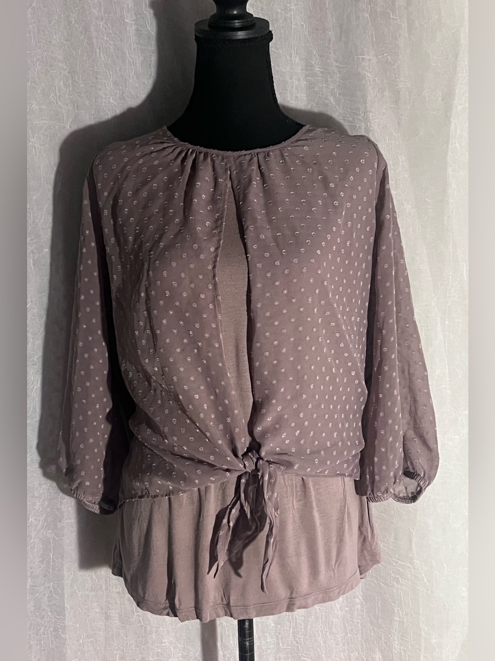 AGB Dusty Mauve Polka Dot Tie-Front Layered Blouse